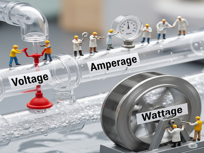 ภาพเปรียบเทียบ Volt, Amp, Watt กับการไหลของน้ำ