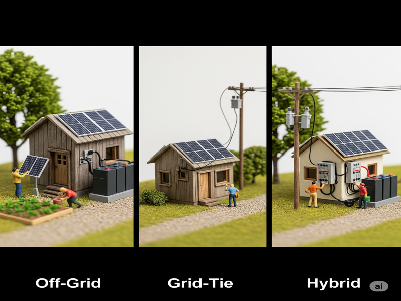 ภาพเปรียบเทียบระบบ Off-Grid, Grid-Tie, และ Hybrid